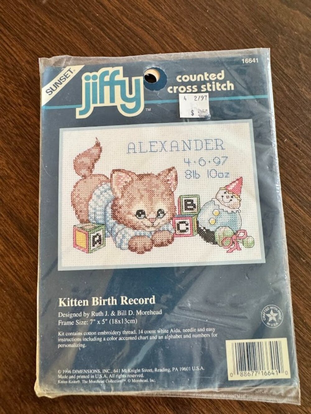 Vintage Sunset Jiffy Kitten Birth Record Morehead Crossstitch Design